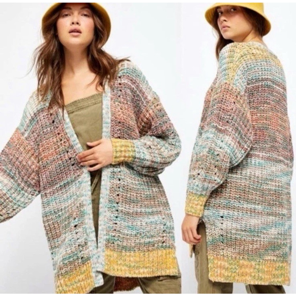Free People Oversized Dreaming Again Crochet Knit Cardigan Mountain Breeze XS